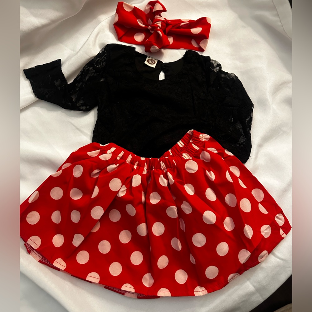 Red Polka Dot Skirt and Black Lace Top Set - 12/18 Mo